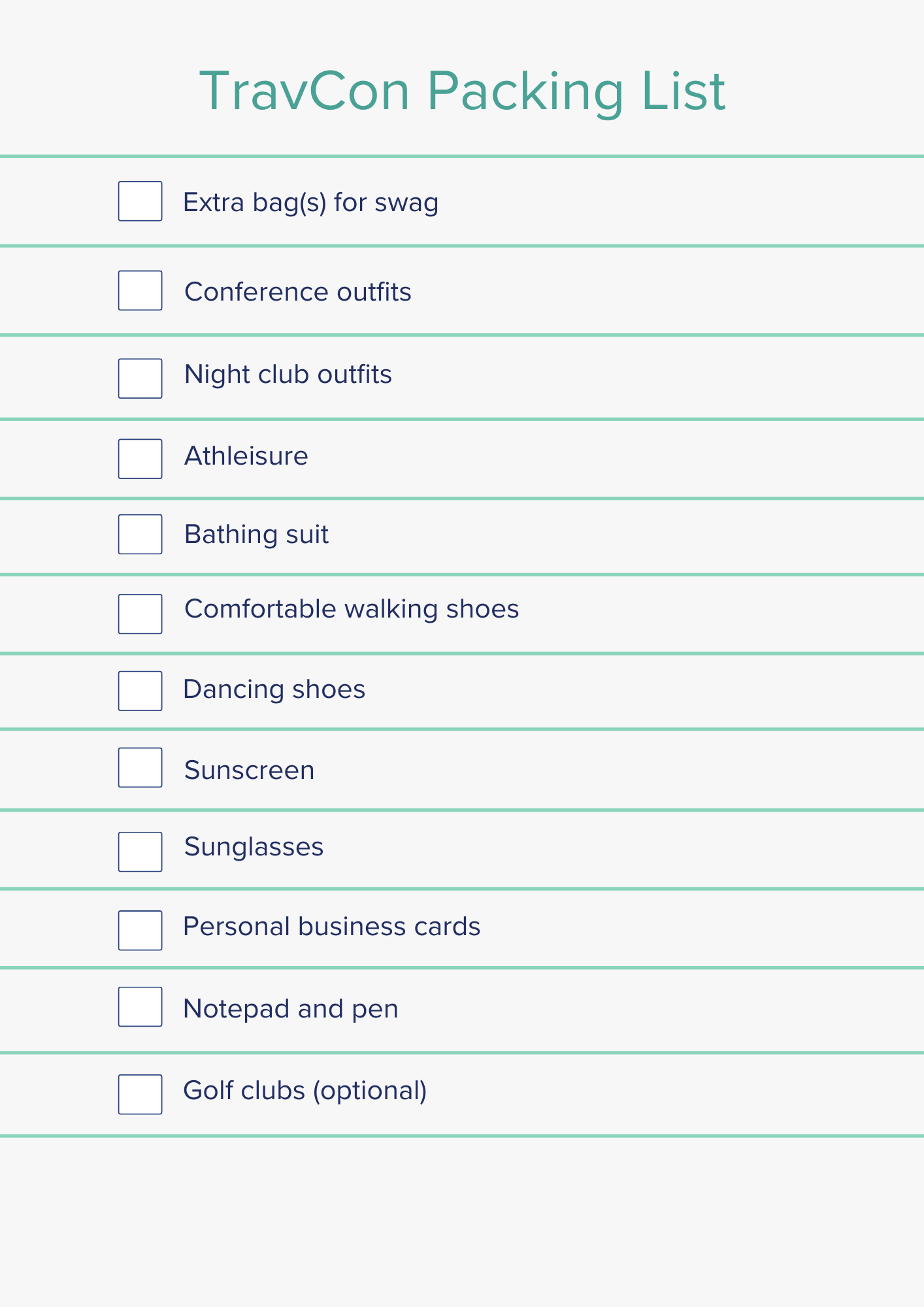 TravCon packing list