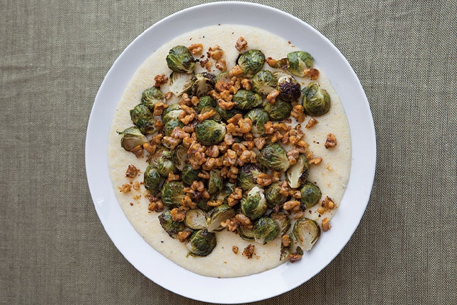 Brussels Sprouts with Cheddar Polenta and Spiced Walnuts